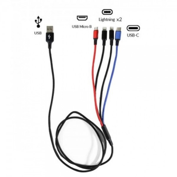 USB 4 in 1 Cable 2 Lightning / 1 Micro Usb / 1 Type C 125cm 2.8A